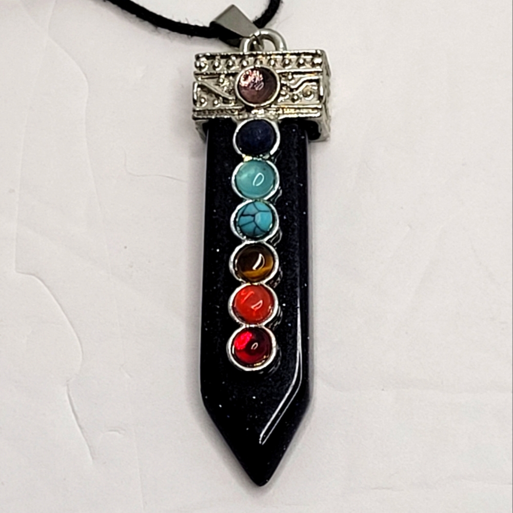 Silver Flecked Midnight Blue Vintage Sword Pendant with Seven Chakra Stones